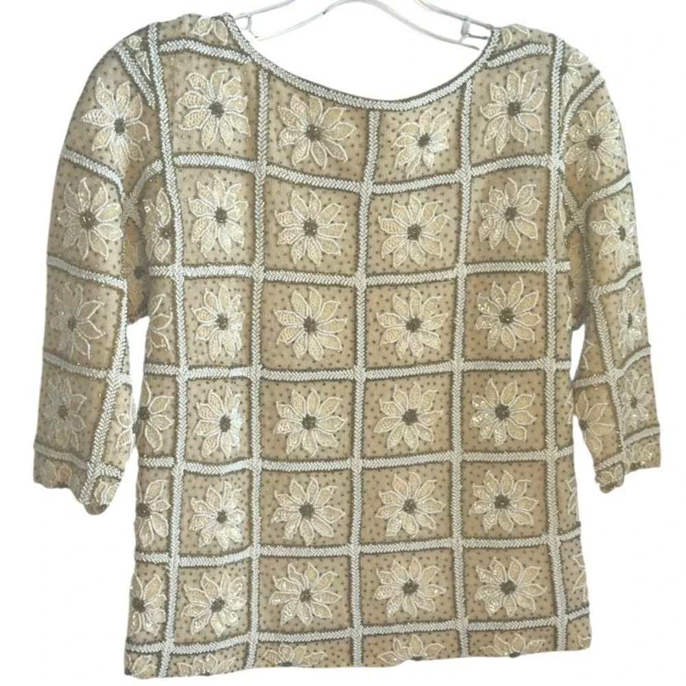 Gene Shelly's Boutique Internationale Vintage MCM Beaded Sweater Cream White‎